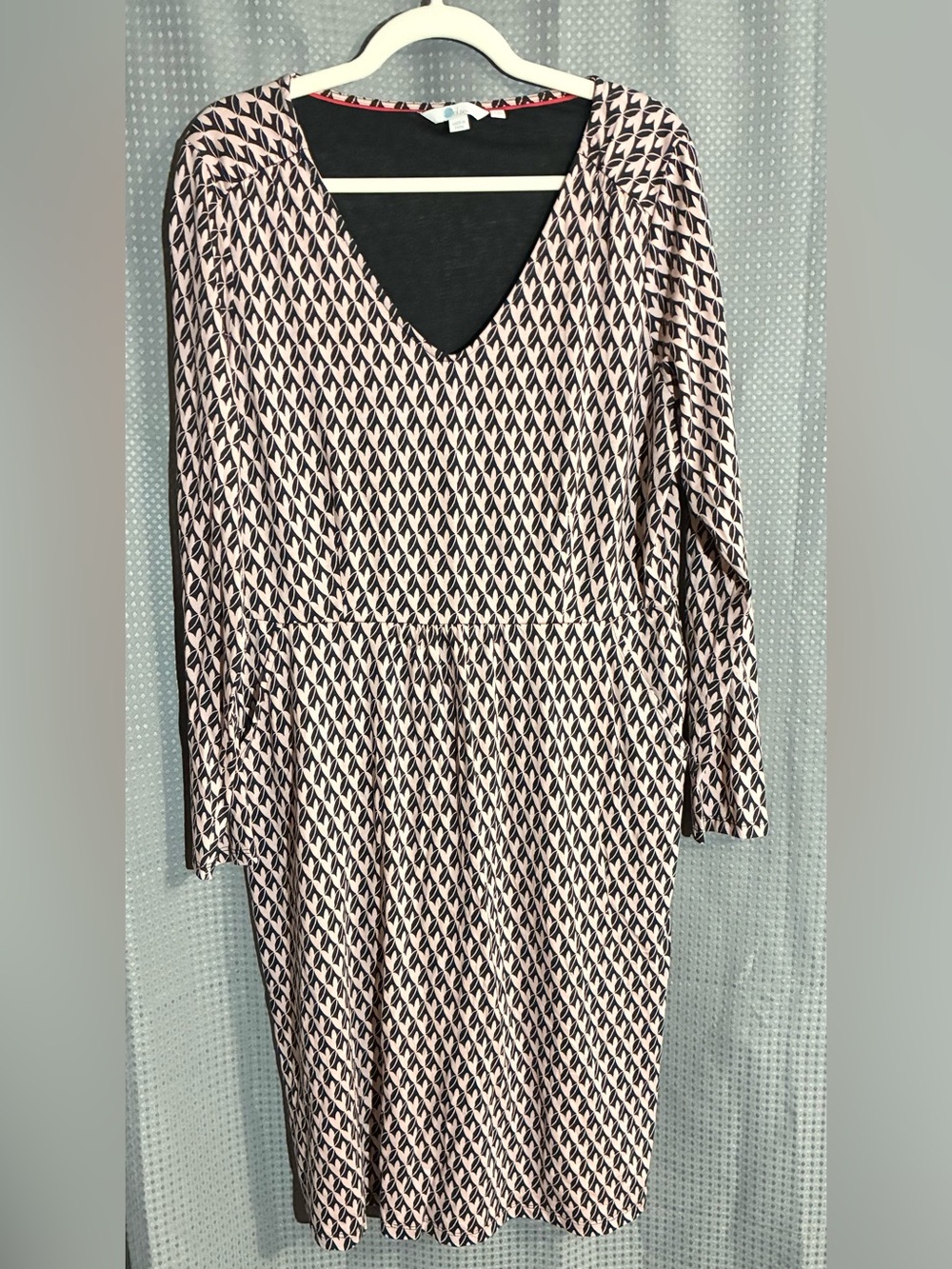 Boden Sz 16L Pink Geometric Midi Dress Pockets Gathered Accents Stretch Comfort